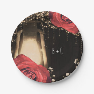 Rustic Glow Lantern Vintage Red Roses Barn Wood Paper Plate