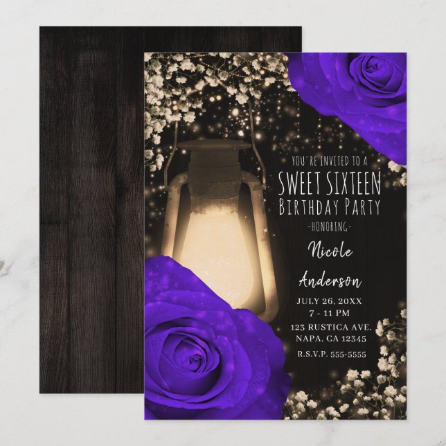 Rustic Glow Lantern & Violet Purple Roses Sweet 16 Invitation (Front/Back)