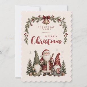 Rustic Gnome Santa Festive Scalloped Plaid TMF26 Holiday Card