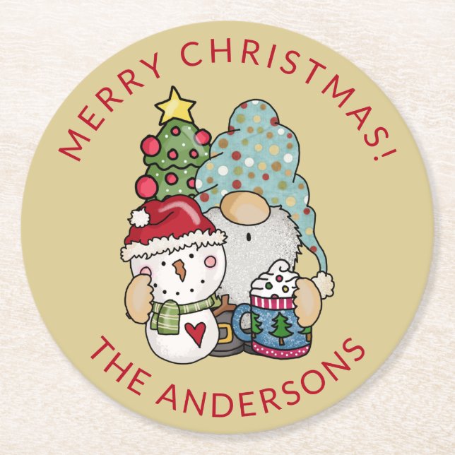 Rustic Gnome Snowman Christmas Round Paper Coaster (Front)