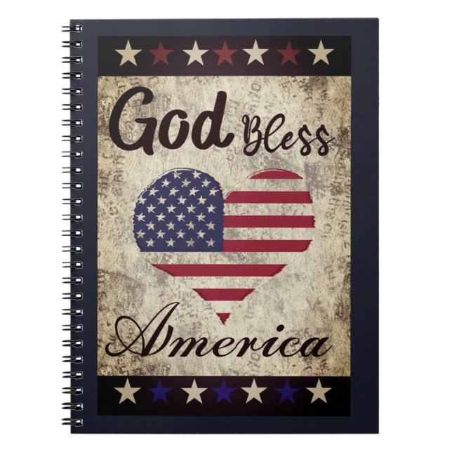 Rustic, God Bless America Patriotic Heart  Notebook (Front)