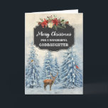 Rustic Goddaughter Merry Christmas Card<br><div class="desc">Merry Christmas for goddaughter card with rustic country chalkboard pattern and snowy watercolor forest scene with deer and birds.</div>
