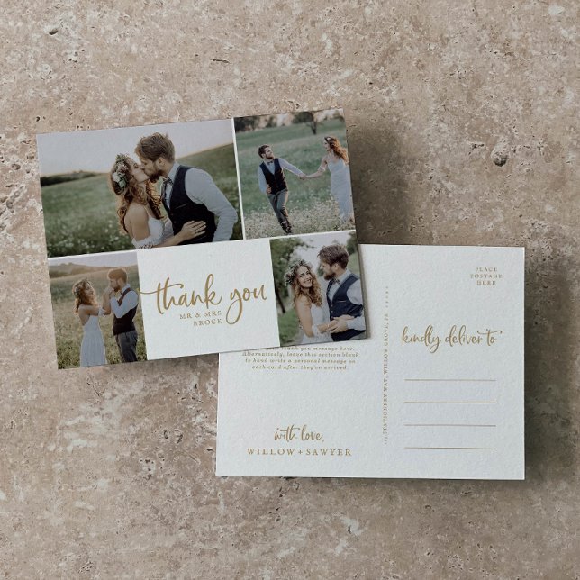 Rustic Gold 4 Photo Collage Wedding Thank You Postcard (Creator Uploaded)