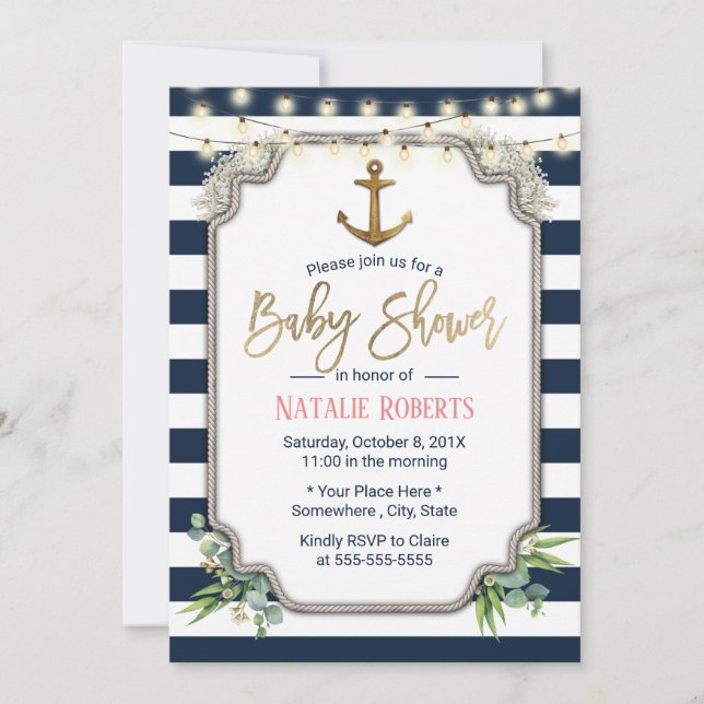 Rustic Gold Anchor Nautical Baby Shower Invitation (Front)