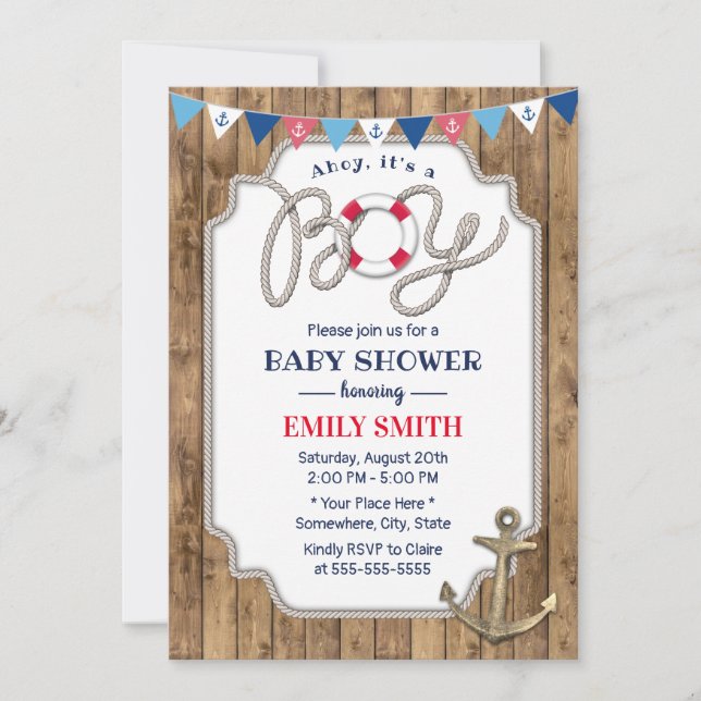 Rustic Gold Anchor Nautical Boy Baby Shower Invitation (Front)