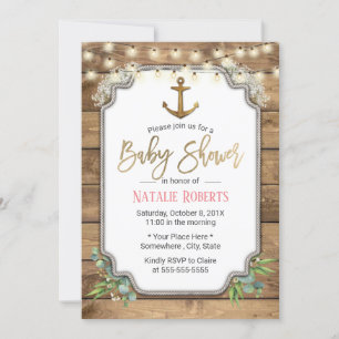 Rustic Gold Anchor String Lights Barn Baby Shower Invitation