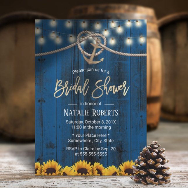 Rustic Gold Anchor Sunflowers Navy Bridal Shower Invitation (Creator Uploaded)