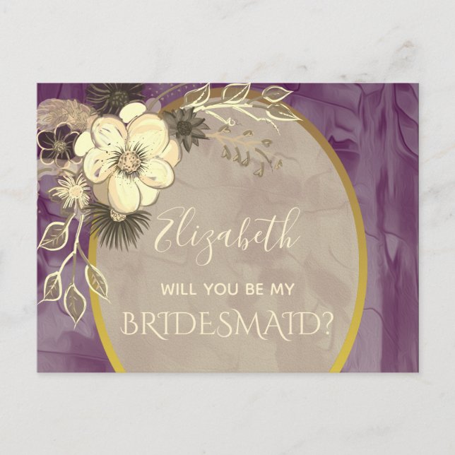 Rustic Gold and Purple Bridesmaid Proposal Postcard (Front)