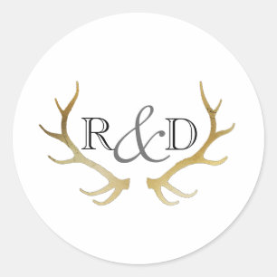 Rustic Gold Antler   Elegant Initial Wedding Classic Round Sticker