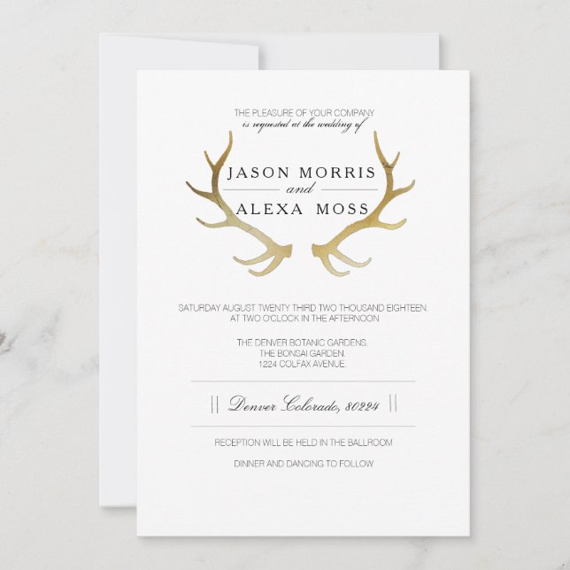 Rustic Gold Antler | Elegant Wedding Invitation (Front)