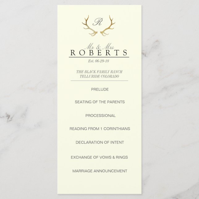Rustic Gold Antlers | Elegant Wedding Rackcard Programme (Front)
