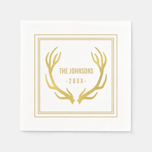 Rustic Gold Antlers Wedding Paper Napkin | White (Front)