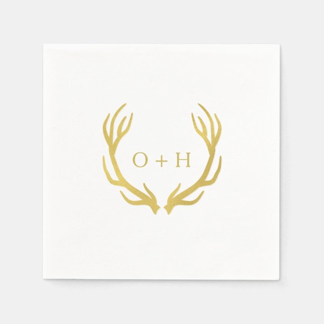Rustic Gold Antlers White Wedding Paper Napkin (Front)