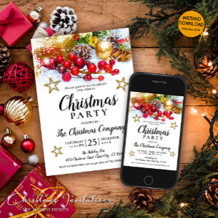 Rustic Gold Baubles Holly Berries Christmas Party Invitation