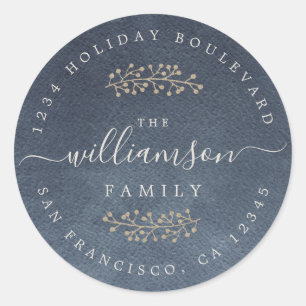 Rustic Gold Berries Sprig Dark Blue Christmas Classic Round Sticker