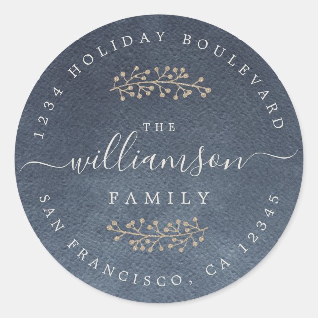 Rustic Gold Berries Sprig Dark Blue Christmas Classic Round Sticker (Front)