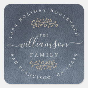 Rustic Gold Berries Sprig Dark Blue Christmas Square Sticker