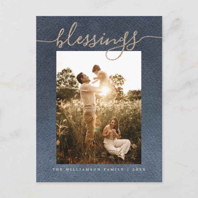 Rustic Gold Blessings Dark Blue Christmas Holiday Postcard (Front)