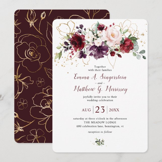 Rustic Gold Burgundy Wine Blush Floral Wedding Invitation (Front/Back)
