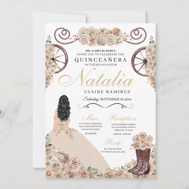 Rustic Gold Chamagne Western Quinceanera Invitation (Front)