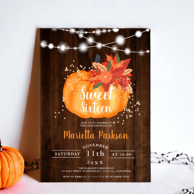 Rustic gold chic floral wood lights fall Sweet 16 Invitation (Rustic gold chic floral wood lights fall Sweet 16 Invitation)
