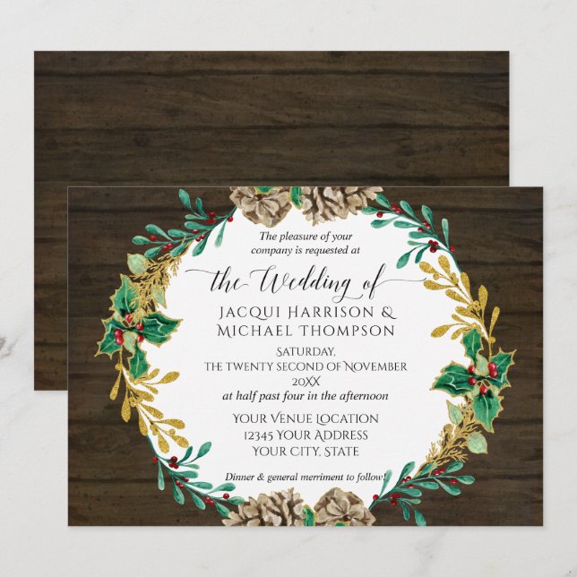 Rustic Gold Christmas Pine Cone Greenery Wedding Invitation (Front/Back)