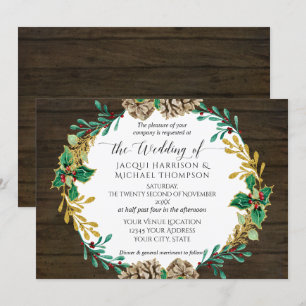 Rustic Gold Christmas Pine Cone Greenery Wedding Invitation