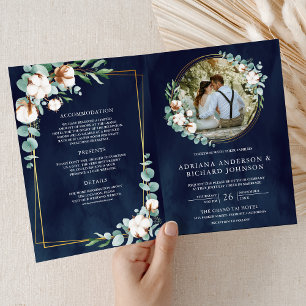 Rustic Gold Cotton Eucalyptus QR Code Navy Wedding Invitation