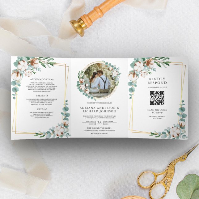 Rustic Gold Cotton Eucalyptus QR Code Wedding Tri-Fold Invitation (Creator Uploaded)