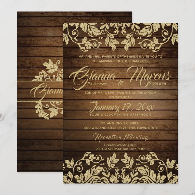 Rustic Gold Damask and Barn Wood Wedding Invitation (Front/Back)