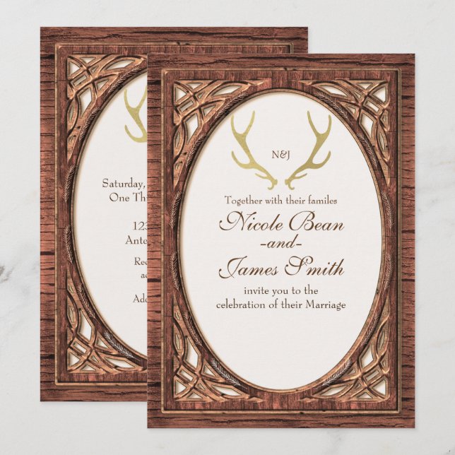 Rustic Gold Deer Antlers Two Tone Wood Invitation (Front/Back)