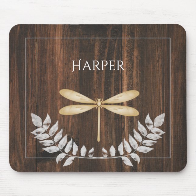 Rustic Gold Dragonfly Personalised Mouse Pad (Front)