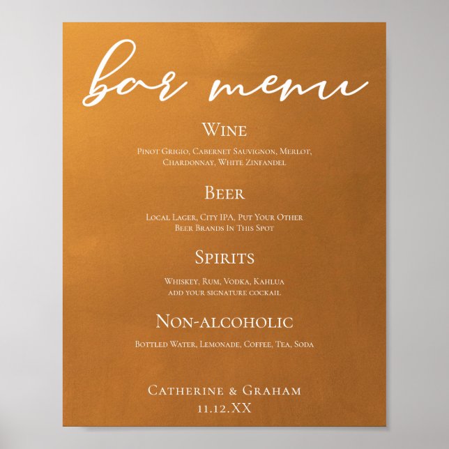 Rustic Gold Earth Tone Fall Wedding Bar Menu Poster (Front)
