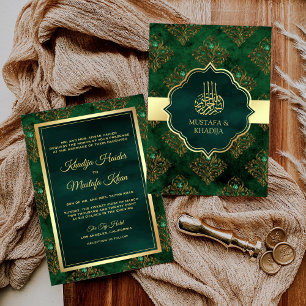 Rustic Gold Emerald Green Damask Muslim Wedding Invitation