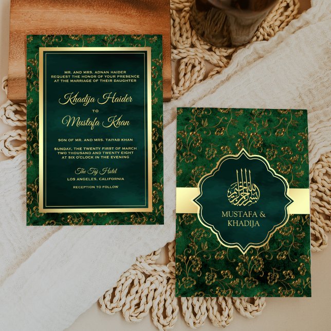 Rustic Gold Emerald Green Filigree Muslim Wedding Invitation (Creator Uploaded)