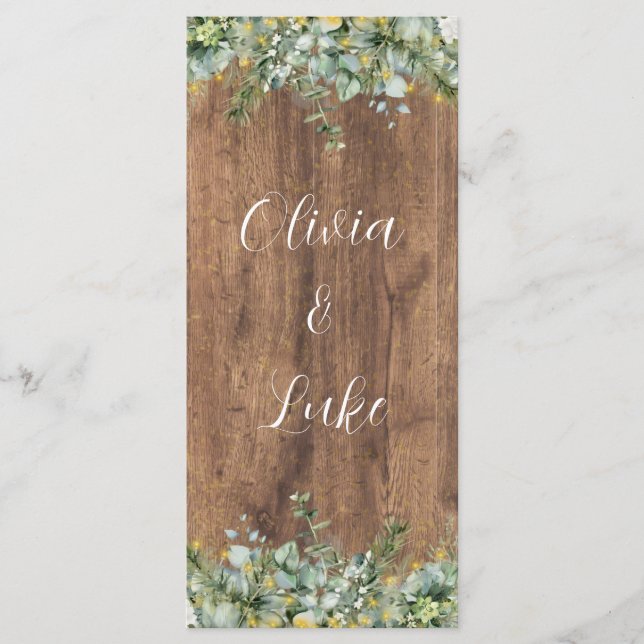 Rustic Gold Eucalyptus & White Floral Wood Wedding Menu (Front)