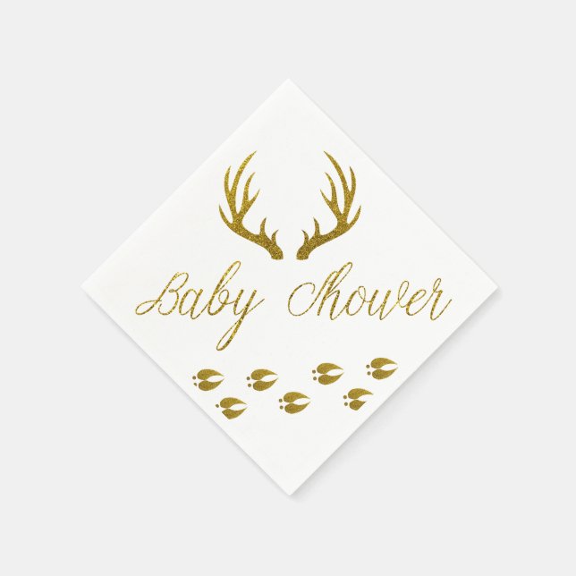 Rustic Gold Faux Glitter Deer Antlers Baby Shower Napkin (Corner)