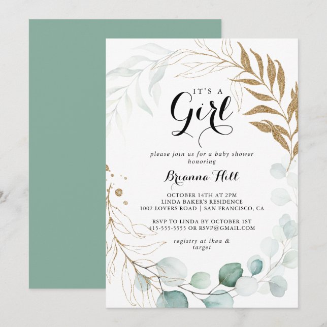 Rustic Gold Floral It's A Girl Baby Shower Invitation (Front/Back)