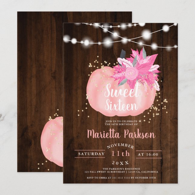 Rustic gold floral pumpkin lights fall Sweet 16 Invitation (Front/Back)