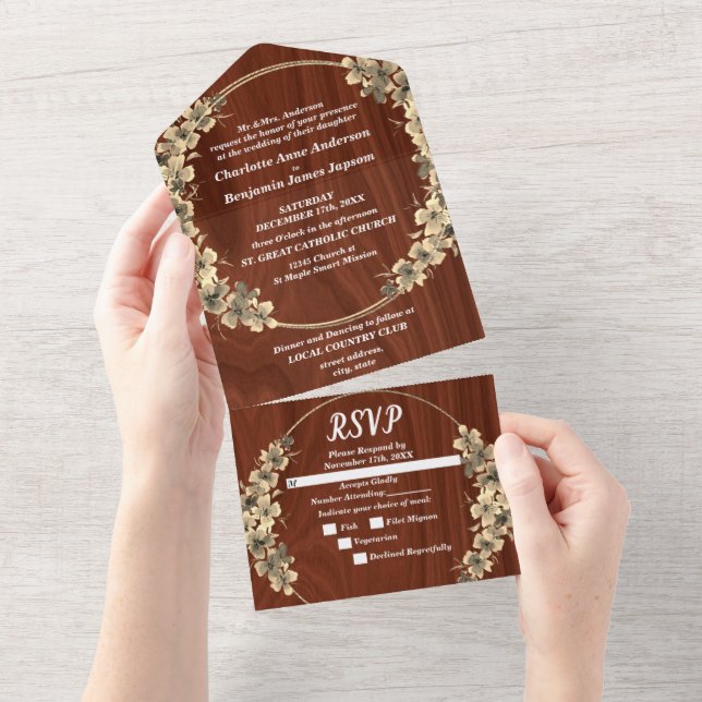 Rustic Gold Floral Wedding All In One Invitation (Tearaway)