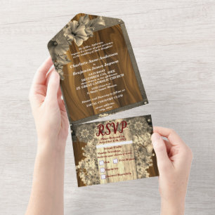Rustic Gold Floral Wedding All In One Invitation