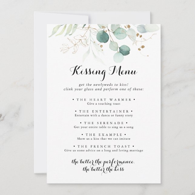 Rustic Gold Floral Wedding Kissing Menu Game Card (Front)