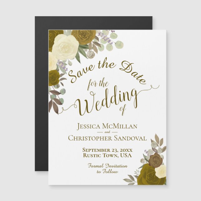 Rustic Gold Floral Wedding Save the Date Magnetic Invitation (Front/Back)