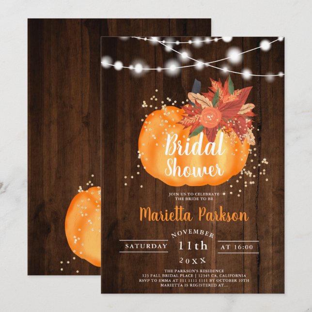 Rustic gold floral wood lights fall bridal shower invitation (Front/Back)