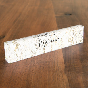 Rustic Gold Foil Patterns Monogram White Glittery Nameplate