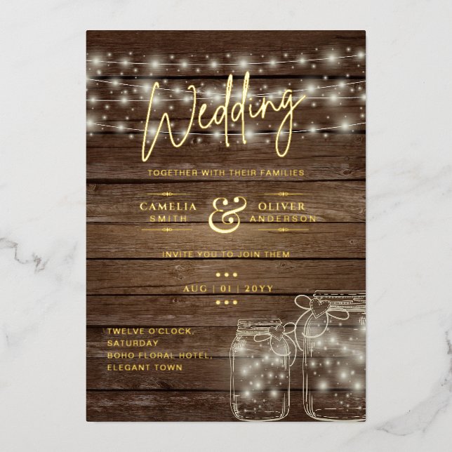Rustic GOLD FOIL Text Mason Jars Lights Wedding    (Front)
