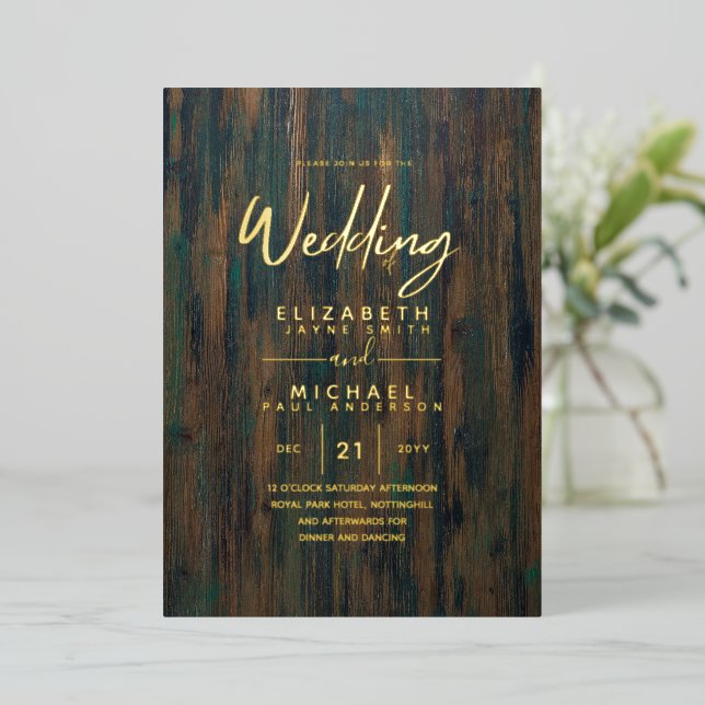 Rustic GOLD FOIL Text Wood Look Wedding Elegant (Standing Front)