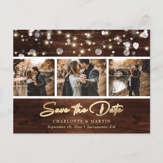Rustic Gold Foil Wood Wedding Photo Save The Date Announcement Postcard (Front)