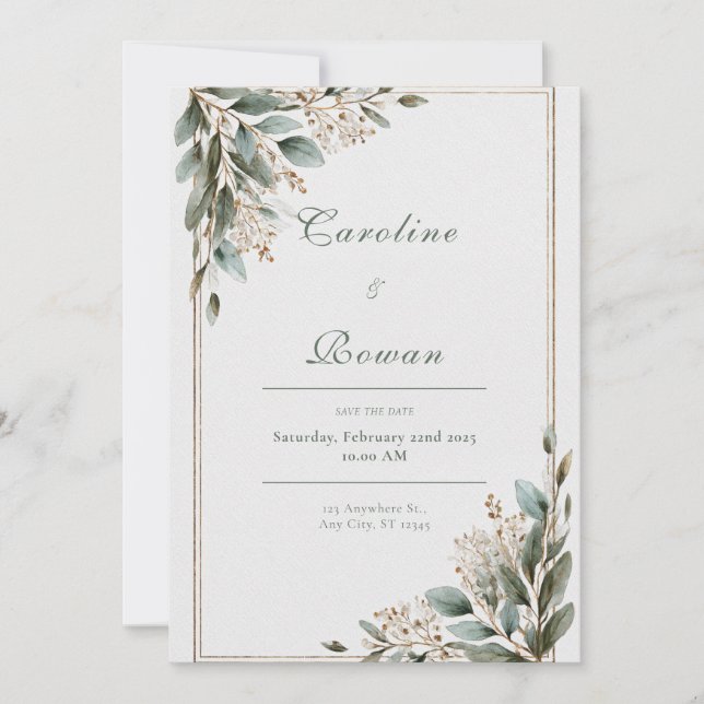 Rustic Gold Frame Eucalyptus White Blossom Wedding Invitation (Front)