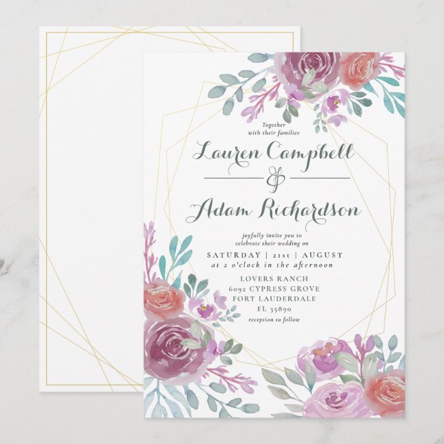 Rustic Gold Geometric Burgundy Floral Invitation (Front/Back)